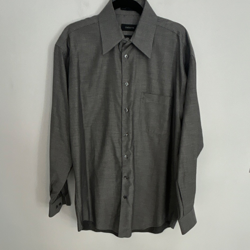 Claiborne Men's Large Pinstripe Wrinkle Free Cotton Dress Shirt Gray 16-34/35